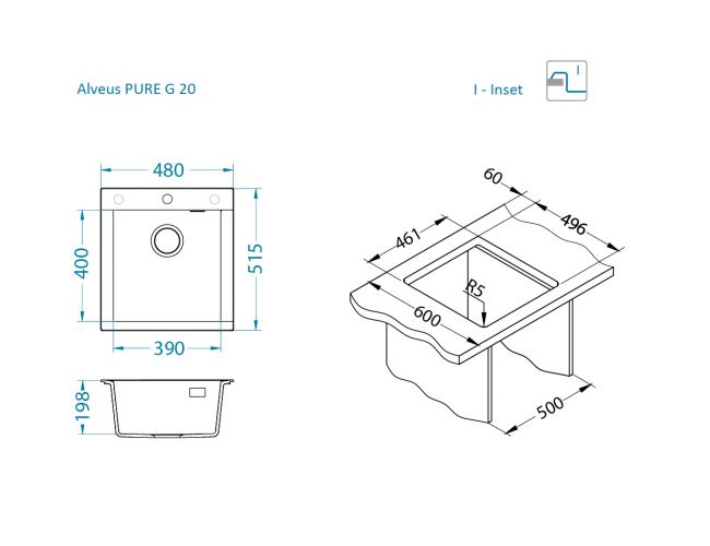 tehnična slika pomivalnega korita Pure-G 20