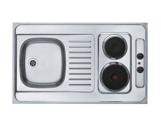 Kompaktna inox kuhinjska enota z majhnim pomivalnim koritom, odcejalno površino in dvema električnima kuhalnima ploščama, prikazana od zgoraj.